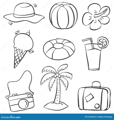 Doodle Of Object Summer On Beach Stock Vector Illustration Of Happy