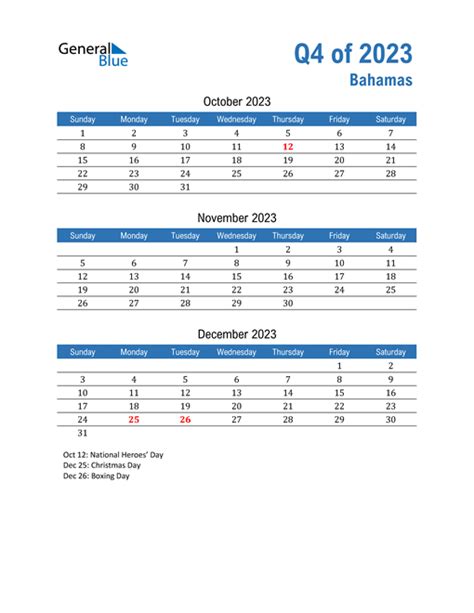 Q4 2023 Quarterly Calendar With Bahamas Holidays
