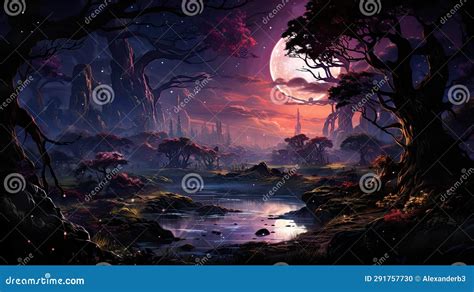 Fantasy Fairy Tale Forest At Night A Magical Sight Stock Illustration