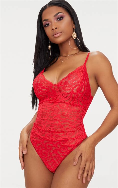 shape red sheer lace bodysuit prettylittlething qa