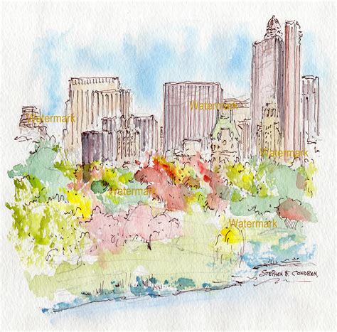 Manhattan Skyline Watercolor Seen From Jacqueline Kennedy Reservoir