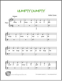 Free sheet music for piano. Humpty Dumpty - Free Printable Beginner Piano Sheet Music ...