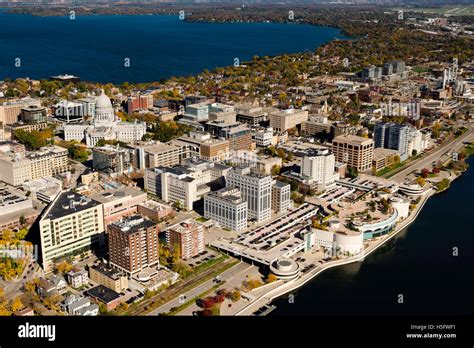 An Aerial View Of Madison Wisconsin The State Capitol And The