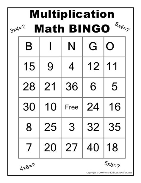 Multiplication Math Bingo Game School