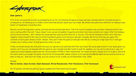 Cd Projekt Red Offers Apology And Refunds For Cyberpunk 2077