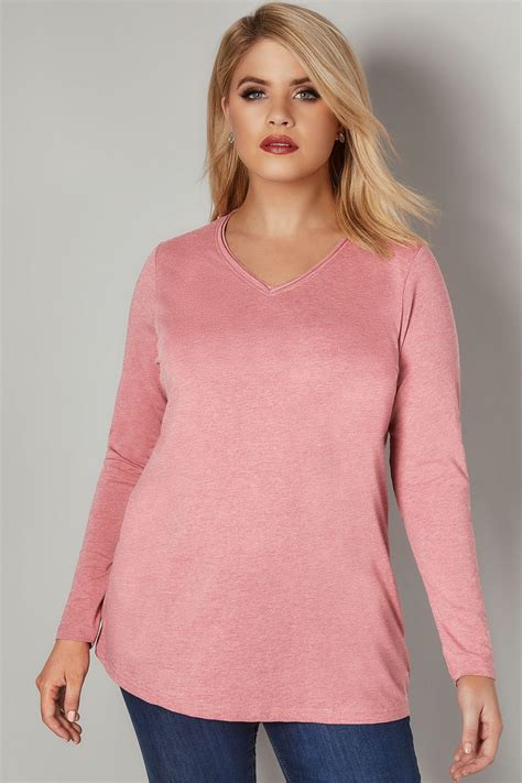 Pink Marl Long Sleeved V Neck Jersey Top Plus Size 16 To 36
