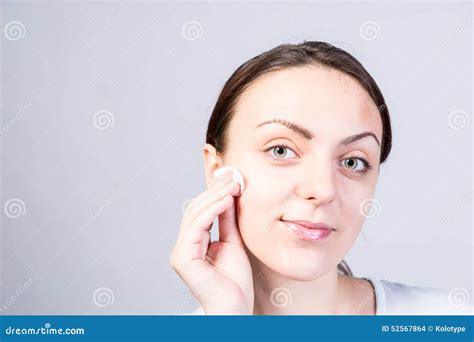 Smiling Woman Scrubbing Face Using Facial Cleanser Stock Photo Image