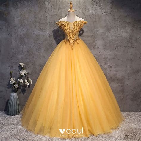 Vintage Retro Gold Prom Dresses 2018 Ball Gown Off The Shoulder Short