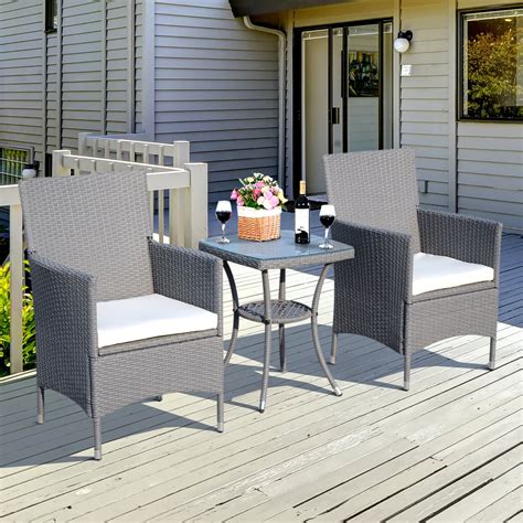 Includes round table with glass top and 3 upholstered chairs. Outsunny 3PC Rattan Bistro Set 2 Armchair Glass Top Coffee ...