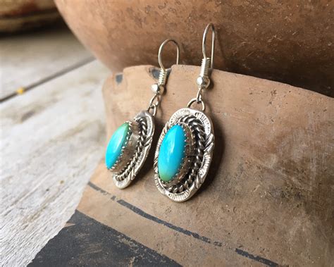 Small Turquoise Dangle Earrings For Women Navajo Sterling Silver