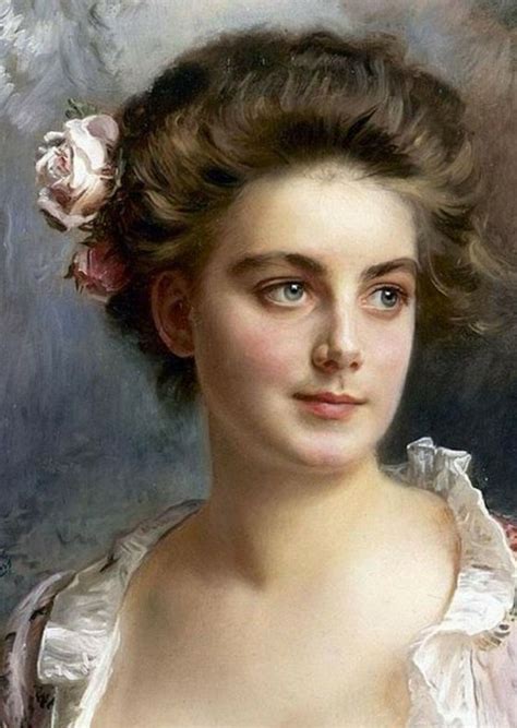 An Oil Painting Of A Woman Wearing A White Dress And Pink Flower In Her