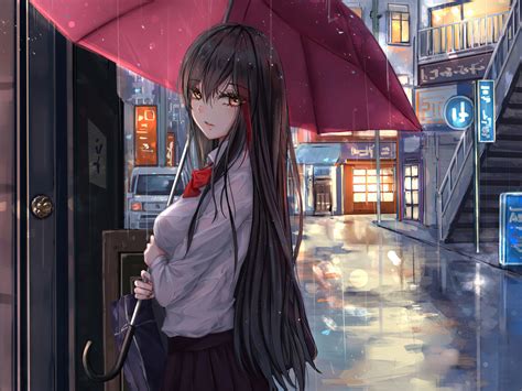 1024x768 Anime Girl Rain Umbrella Looking At Viewer Wallpaper1024x768