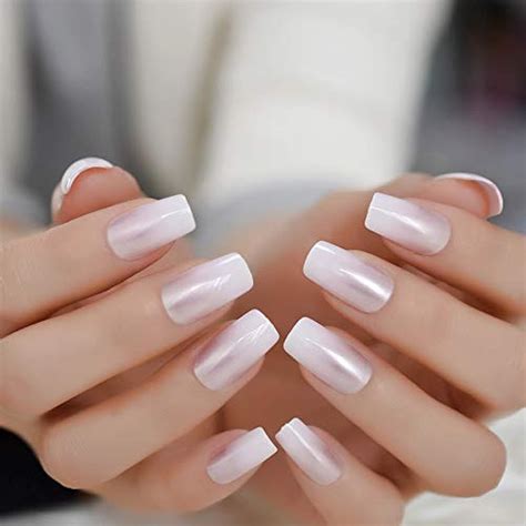 Pearl Shine Glossy Fake Nails Shimmer White Square French Ombre Faux