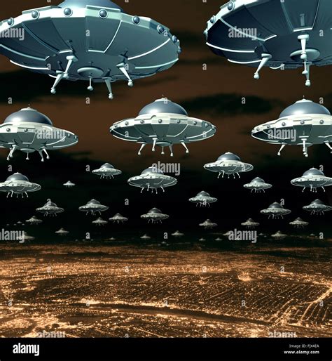 Alien Invasion Concept As A Menacing Group Of Invading Flying Saucers And Spaceships Over A City