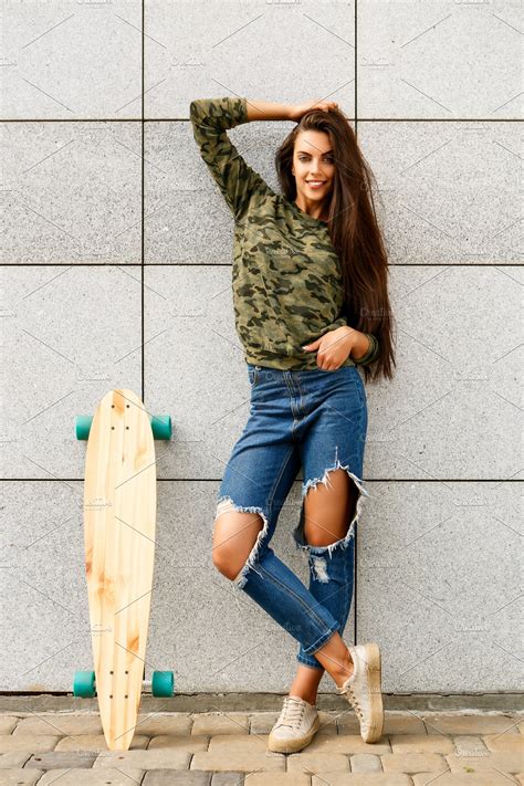 Beautiful Hot Girl With Skateboard High Quality Beauty And Fashion