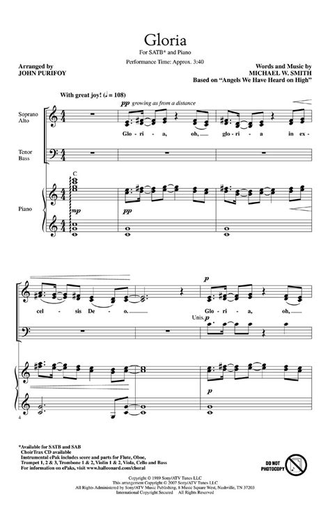 Gloria Sheet Music By John Purifoy Sku 08745960 Stantons Sheet Music