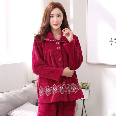 middle aged women s thick coral fleece warm pajamas plus size m 3xl flannel sleepwear long
