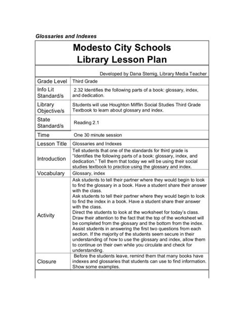 Glossaries And Indexes Lesson Plan For 4th Grade Lesson Planet