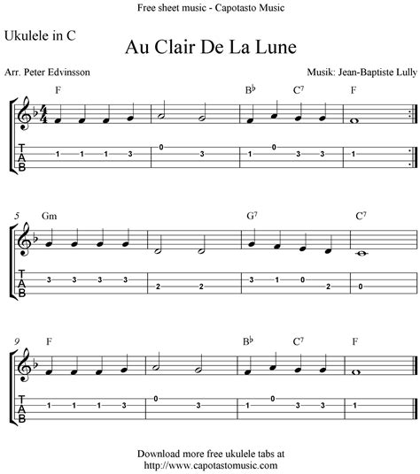 "au Clair De La Lune" Ukulele Sheet Music - Free Printable avec Clair