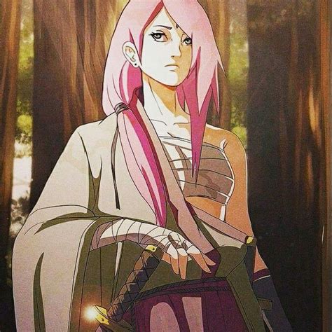 An Anime Character With Pink Hair Holding A Bag In Front Of Some Trees