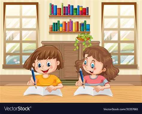 Two Kids Cartoon Character Doing Homework Vector Image
