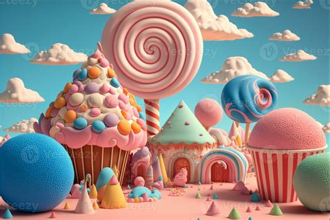 3d Render Fantasy Colorful Candyland Background With Cupcake Candies