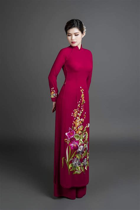 Custom Ao Dai Vietnamese Traditional Dress In Burgundy Silk With Stunning Embroidered Floral