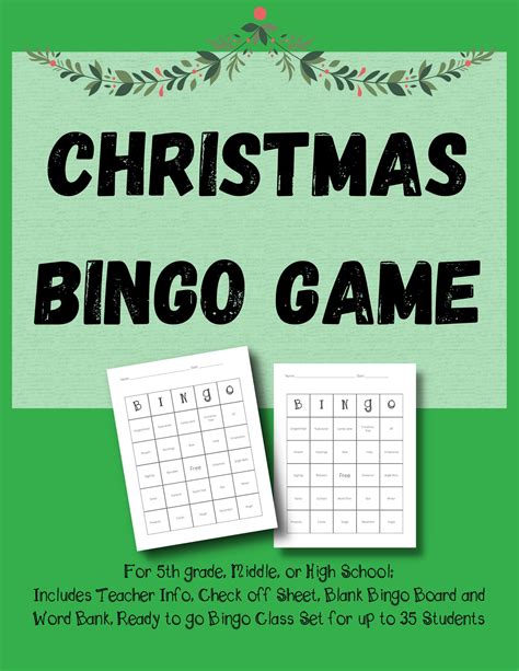 Christmas Bingo Game 5th Grade Middle High School Class Set Up To 35