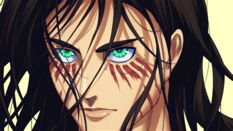 Attack Of Titan Eren Yeager With Green Eyes And Black Hair With Yellow Background Hd Anime