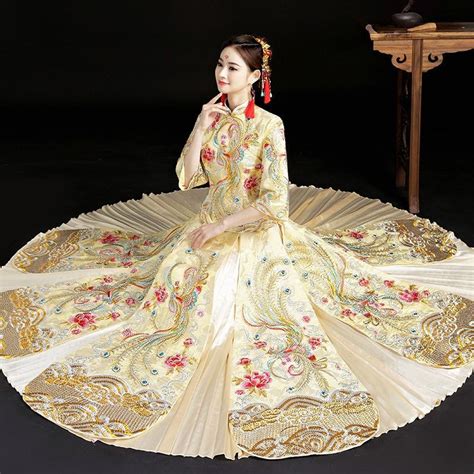 Traditional Chinese Wedding Gown Cheongsam Long Bride Traditions White Qipao Embroidery Oriental