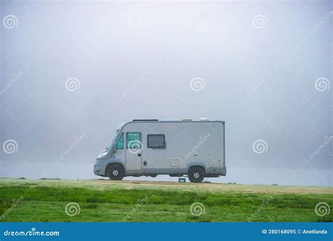 Camper Rv Camping On Nature Foggy Day Stock Image Image Of Vehicle