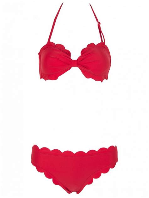 Red Bandeau Scallop Edge Ruched Padded Bikini Top And Bottom Choies