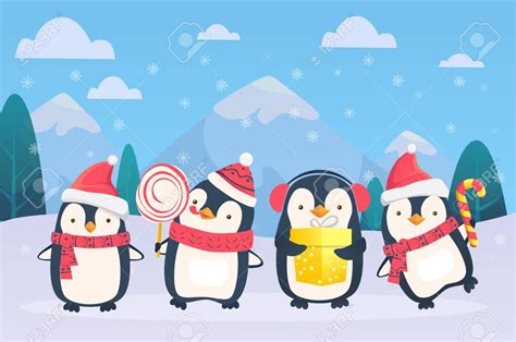 Christmas Penguins On Snowy Background Cute Penguins Cartoon Vector