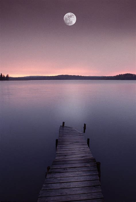 Moon Over Lake With Pier At Dusk Photograph By Grant Faint