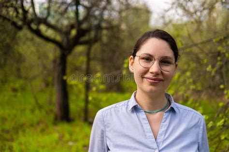 Portrait Of A Young Beautiful Brunette Woman A Nerd Scientist With