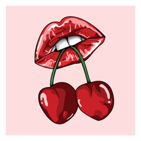 Premium Vector Lips Bitting Cherry Hand Drawn Illustration