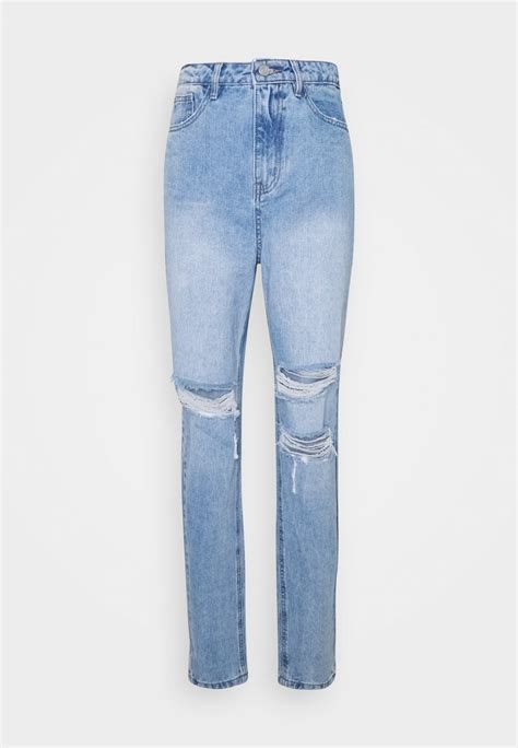 Missguided Tall Fold Ripped Riot Mom Jeansy Straight Leg Blue