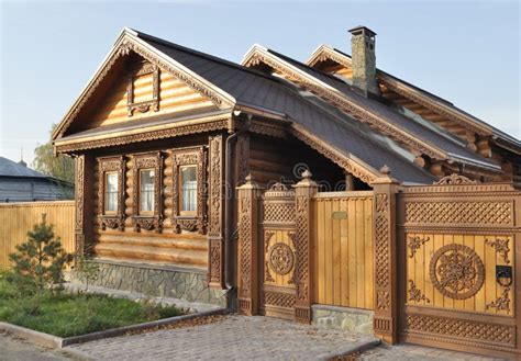 Beautiful Wooden House With Carved Front Stock Photo Image Of