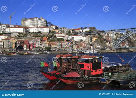 Traditional Rabelo Boats Porto City Skyline Douro River And And Dom