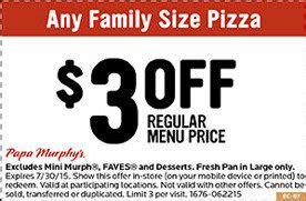 You can find papa murphy's discount codes on several sites. $3 off any Family Size Pizza at Papa Murphy's | Los ...