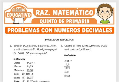 Problemas Con Números Decimales Para Quinto De Primaria Fichas Gratis