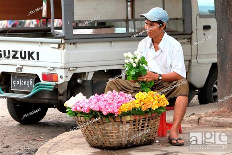 Flower Seller At Local Market Yangon Rangoon Myanmar Burma Asia