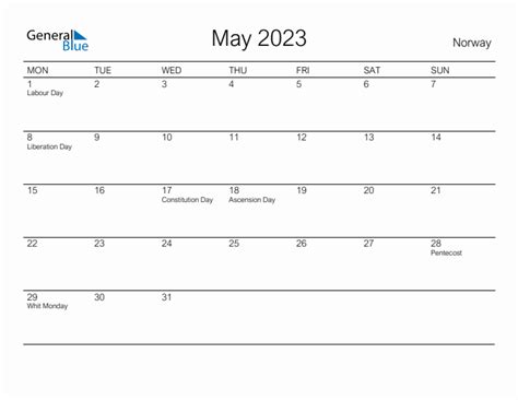 Printable May 2023 Monthly Calendar With Holidays For Norway