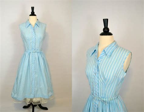 1950s Sky Blue And White Pin Stripe Cotton Sleeveless Tea Length