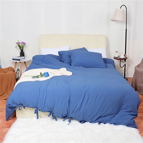Washed Cotton Bedding Duvet Cover Pillowcase Solid Color Queen Blue