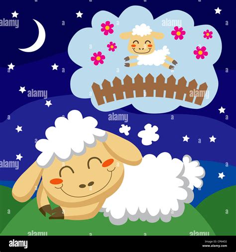 White Sheep Counting Sheep Jumping Over A Fence To Sleep Stock Photo