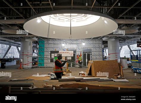 Several skylights illuminate the bus deck as construction continues on