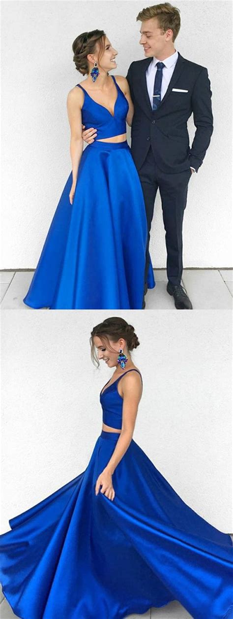 Two Piece Royal Blue Prom Dress Longv Neck Satin Formal Graduation