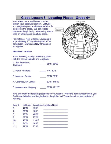 Globe Lesson 8 Locating Places Grade 6 Worksheet For 6th 8th