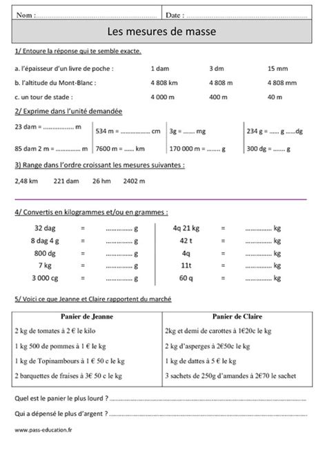 Les Mesures Cm Exercices Imprimer Pass Education